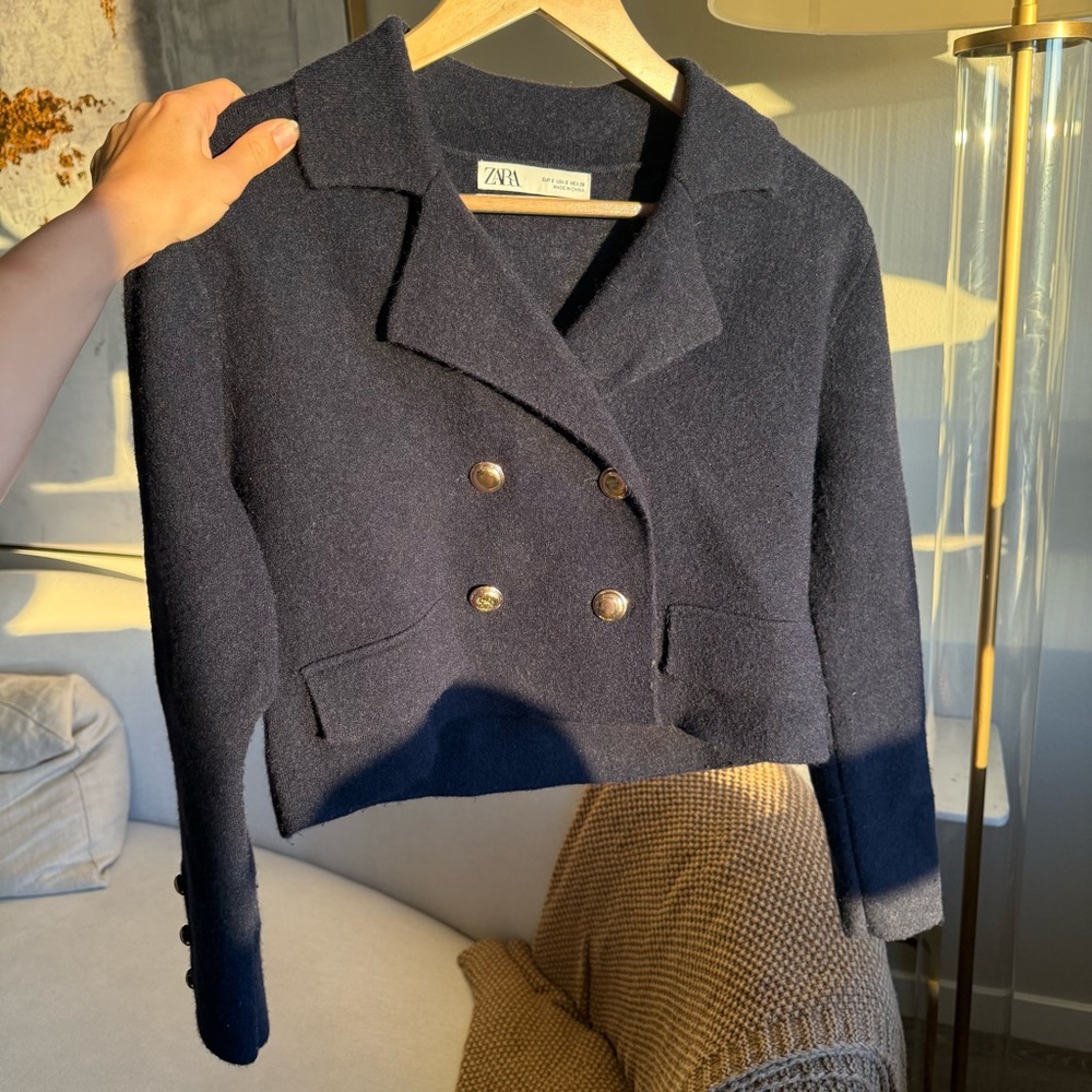 Zara Women's Dark Blue Double-Breasted Blazer
